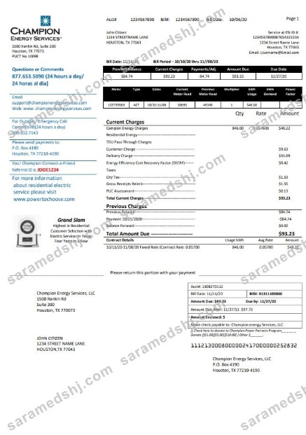 USA Texas Champion Energy Services proof of address utility bill template in Word and PDF format